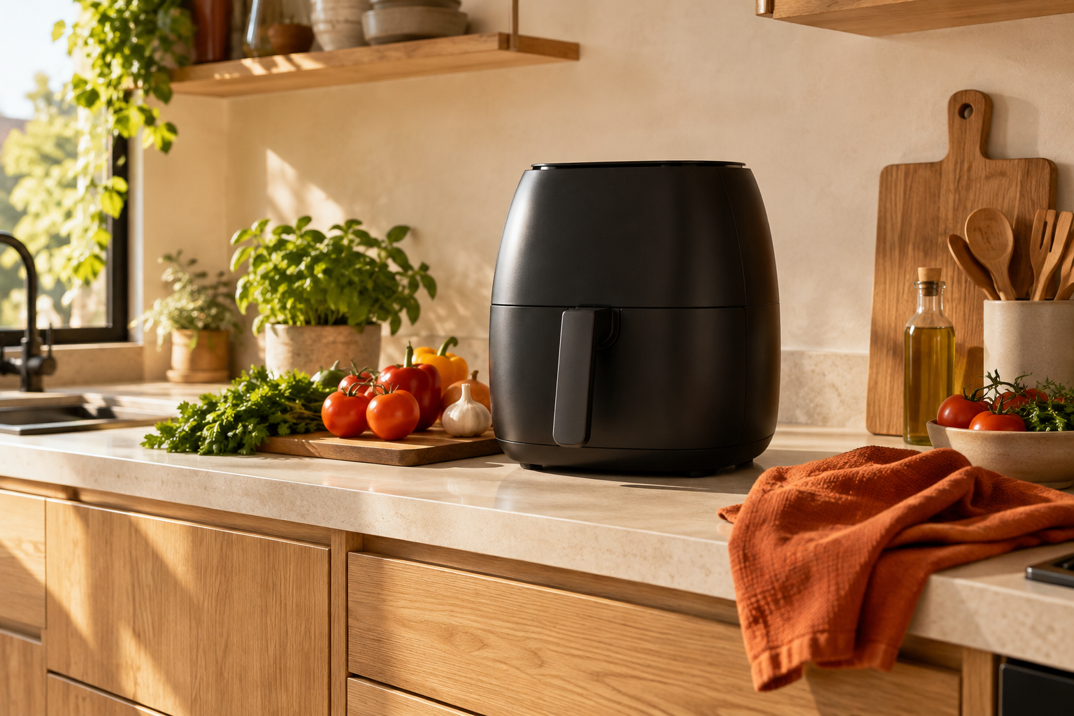 Cozinha clara com airfryer, bancada de madeira, tomates e utensílios